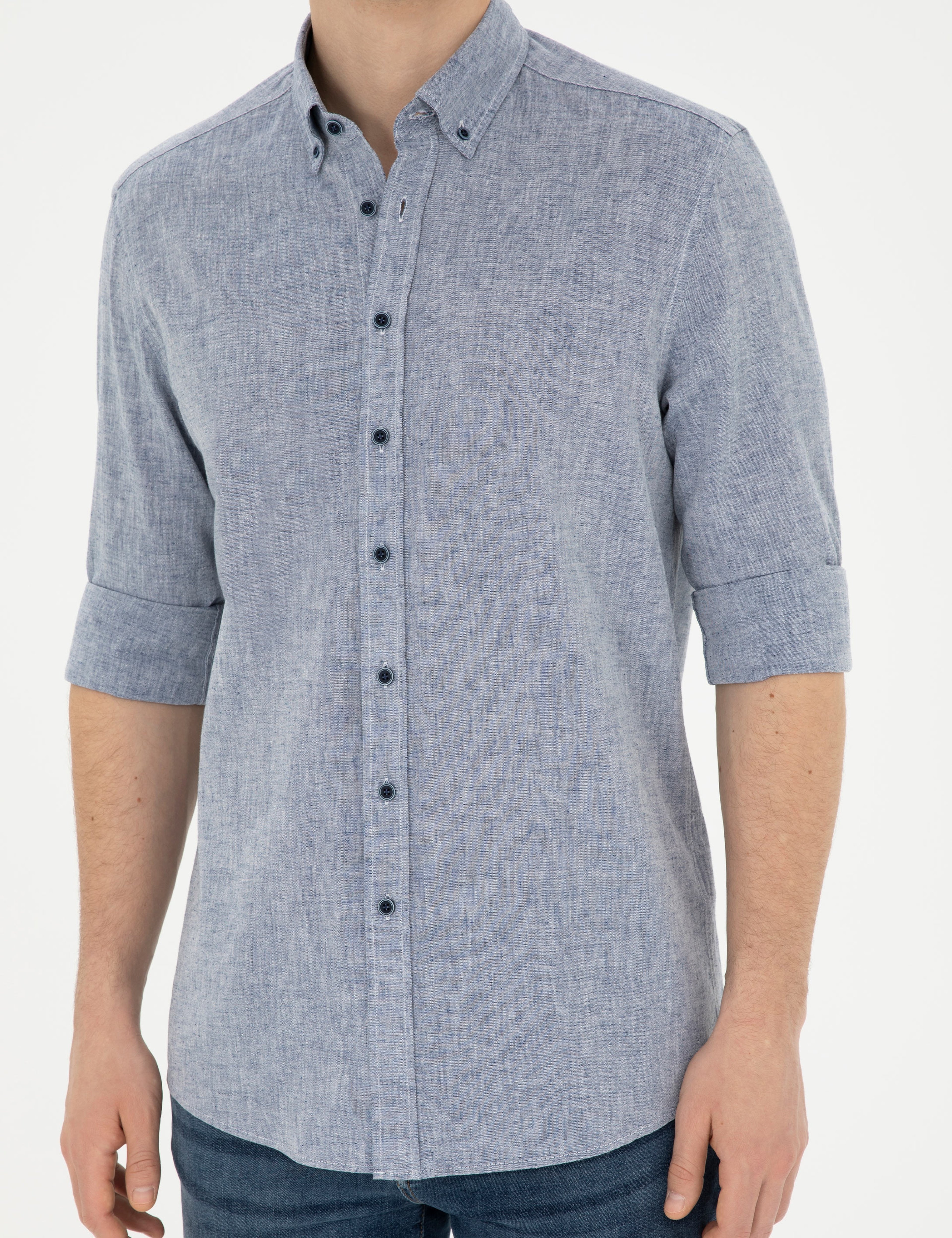 Lacivert Keten Karışımlı Regular Fit Uzun Kollu Gömlek - Image 6