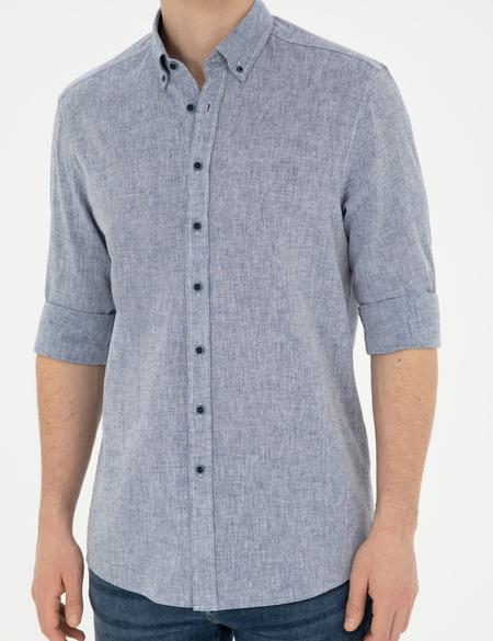 Lacivert Keten Karışımlı Regular Fit Uzun Kollu Gömlek - 50284168014