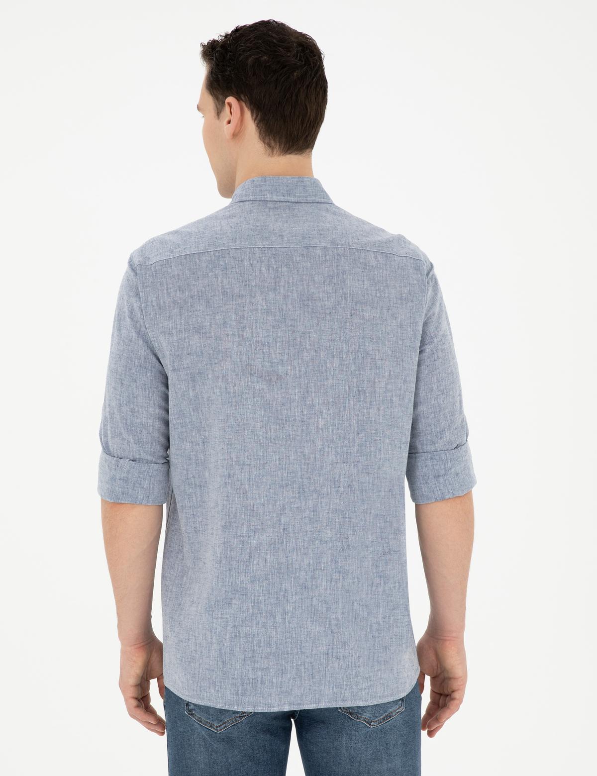 Lacivert Keten Karışımlı Regular Fit Uzun Kollu Gömlek - 50284168014