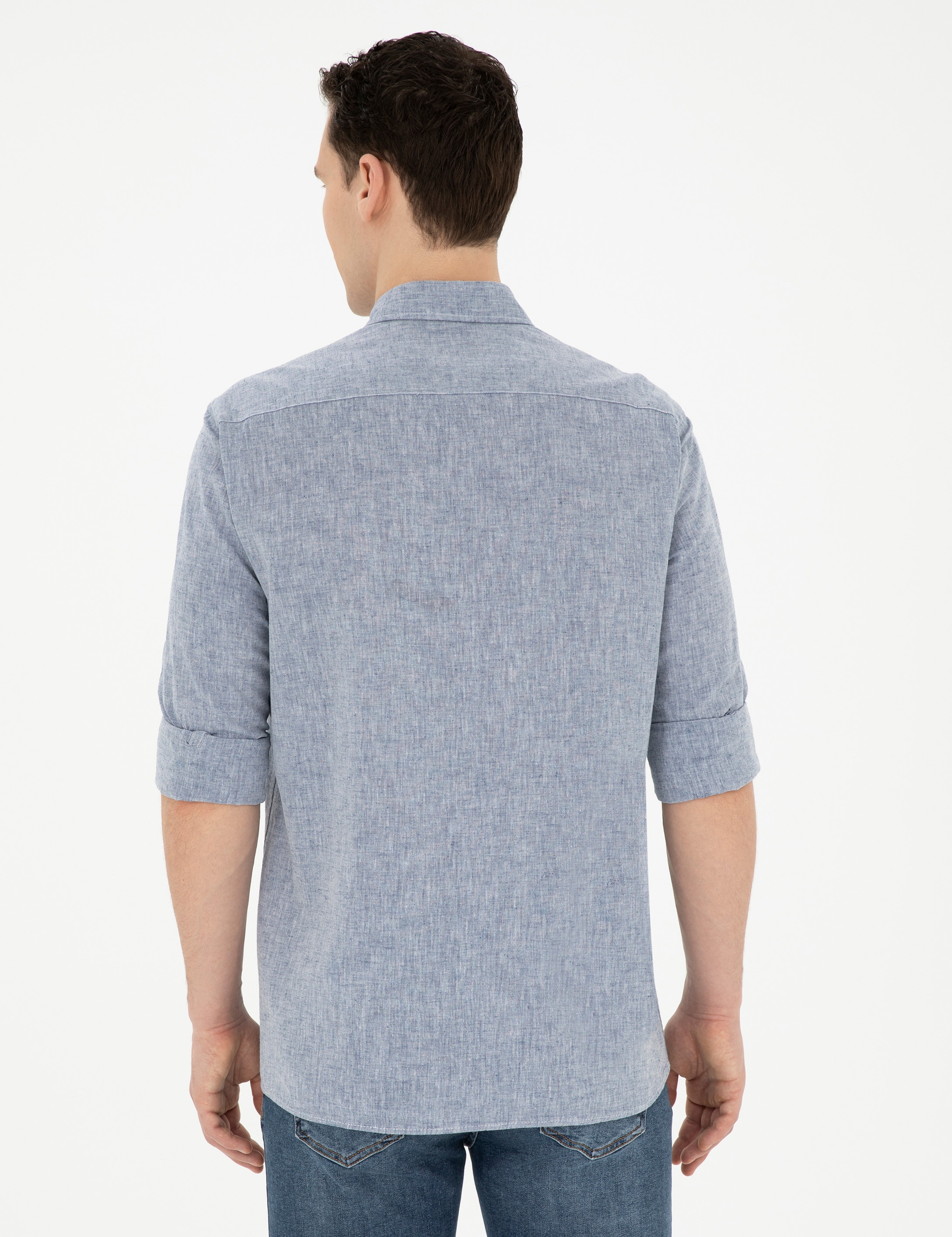 Lacivert Keten Karışımlı Regular Fit Uzun Kollu Gömlek