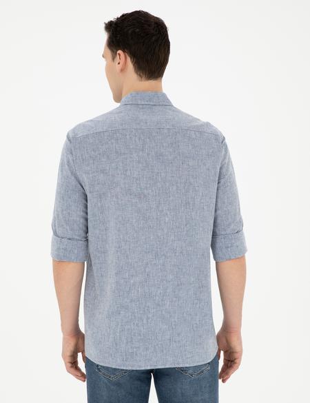 Lacivert Keten Karışımlı Regular Fit Uzun Kollu Gömlek - 50284168014
