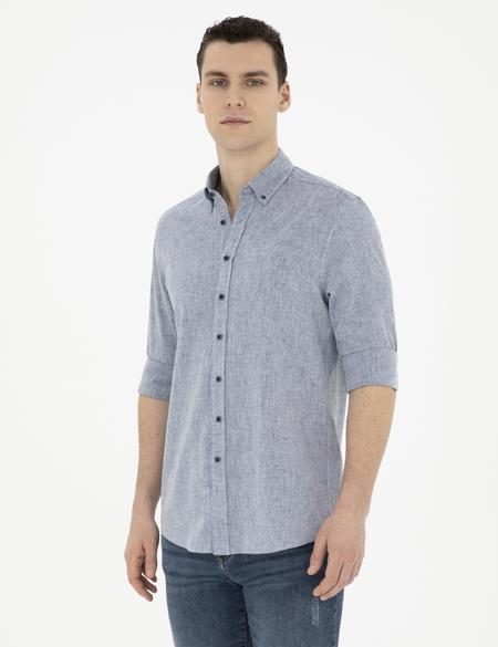 Lacivert Keten Karışımlı Regular Fit Uzun Kollu Gömlek - 50284168014