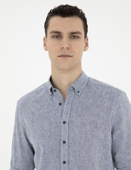 Lacivert Keten Karışımlı Regular Fit Uzun Kollu Gömlek - 50284168014
