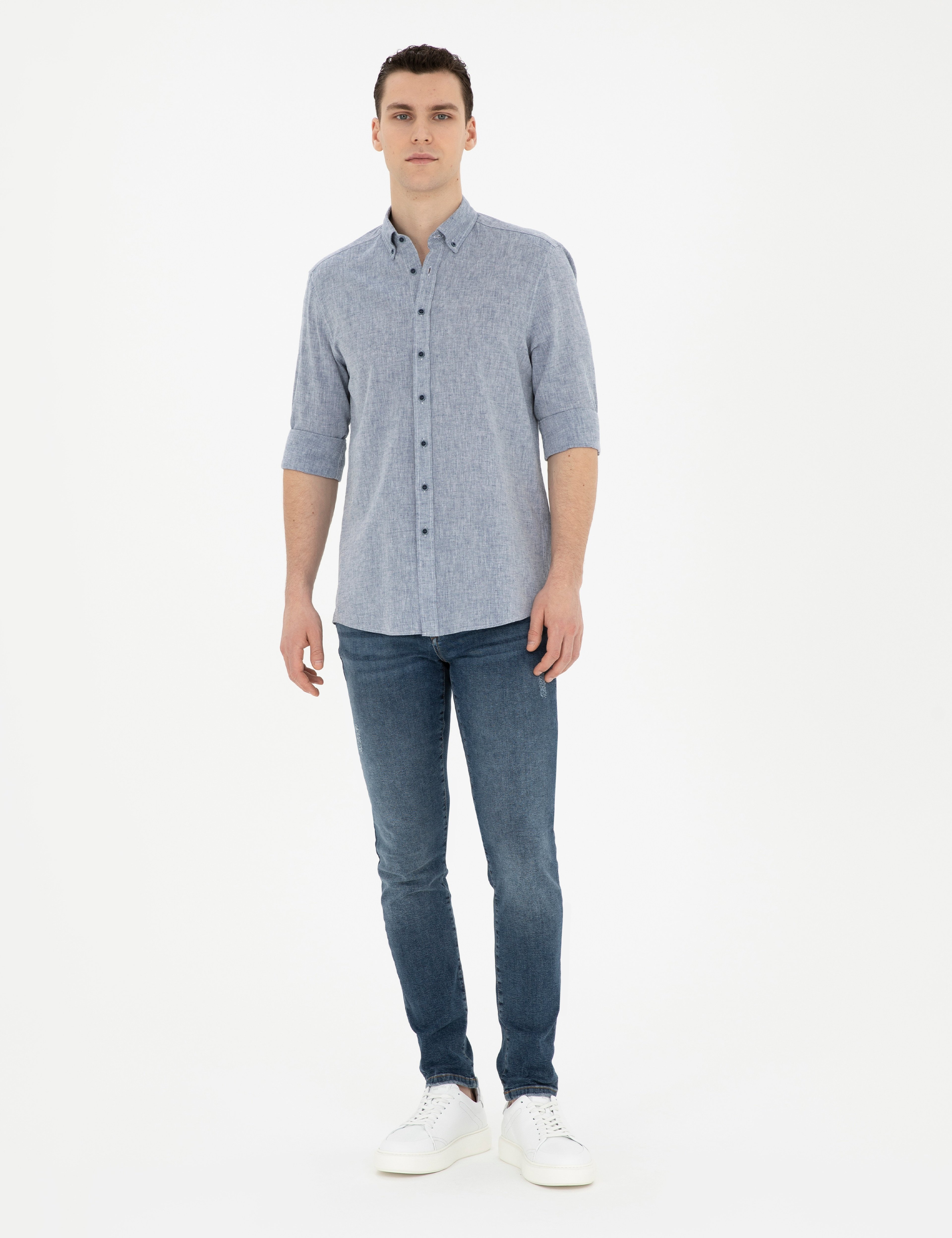 Lacivert Keten Karışımlı Regular Fit Uzun Kollu Gömlek - Image 4