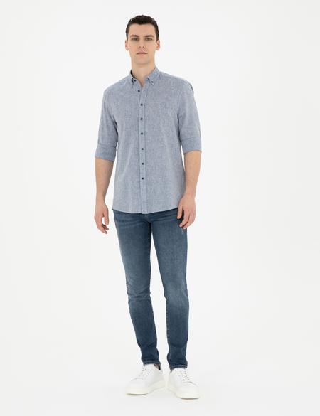 Lacivert Keten Karışımlı Regular Fit Uzun Kollu Gömlek - 50284168014
