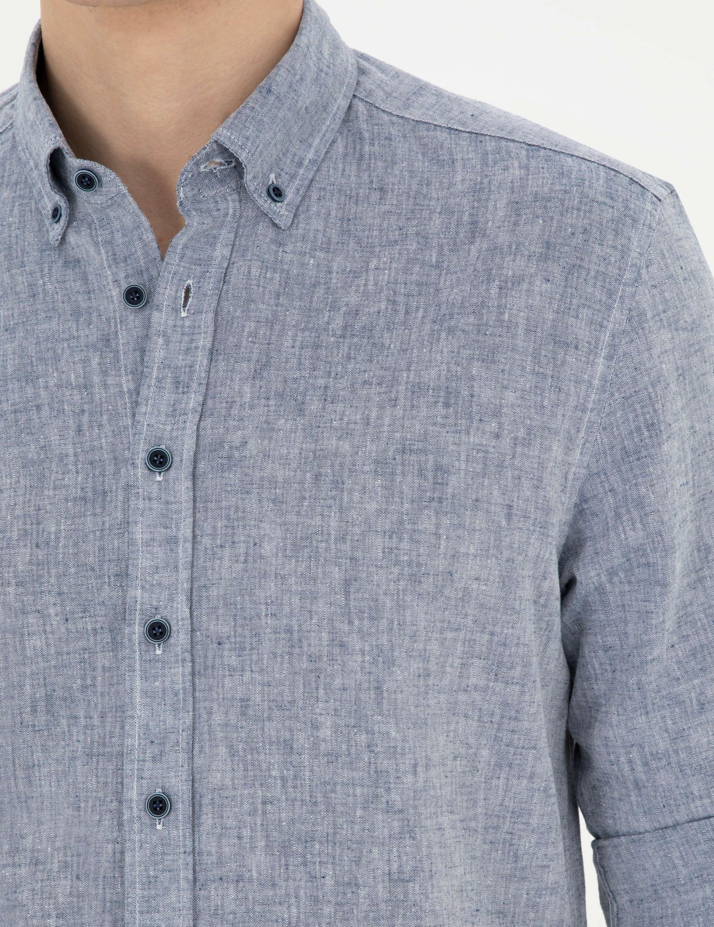 Lacivert Keten Karışımlı Regular Fit Uzun Kollu Gömlek