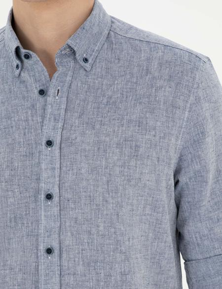 Lacivert Keten Karışımlı Regular Fit Uzun Kollu Gömlek - 50284168014