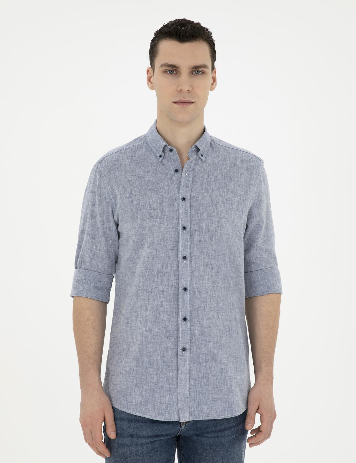Lacivert Keten Karışımlı Regular Fit Uzun Kollu Gömlek - 50284168014