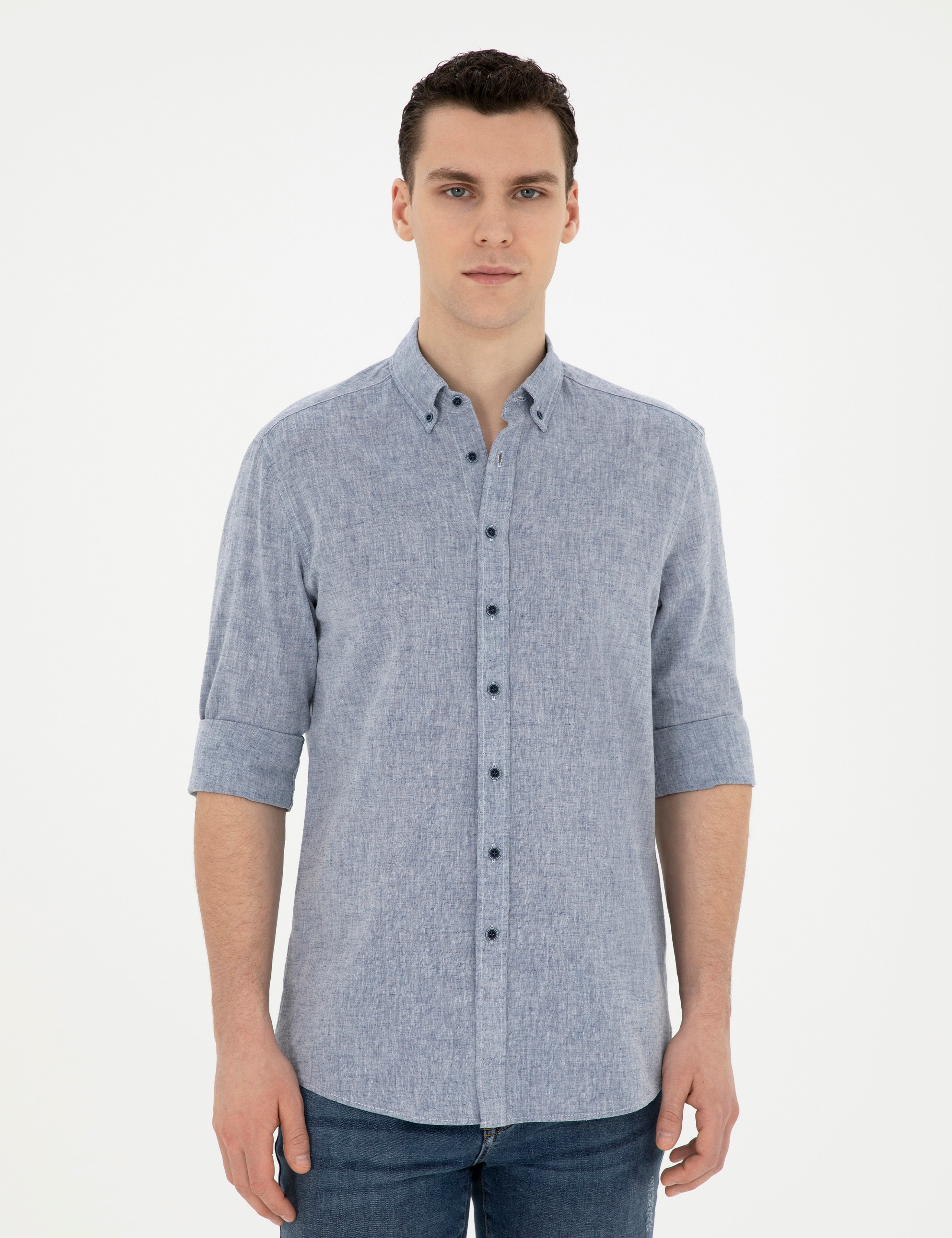 Lacivert Keten Karışımlı Regular Fit Uzun Kollu Gömlek - Image 3