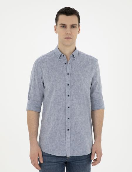 Lacivert Keten Karışımlı Regular Fit Uzun Kollu Gömlek - 50284168014
