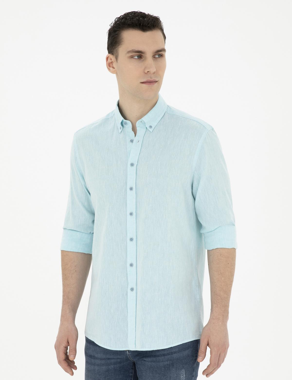 Açık Mavi Keten Karışımlı Regular Fit Uzun Kollu Gömlek