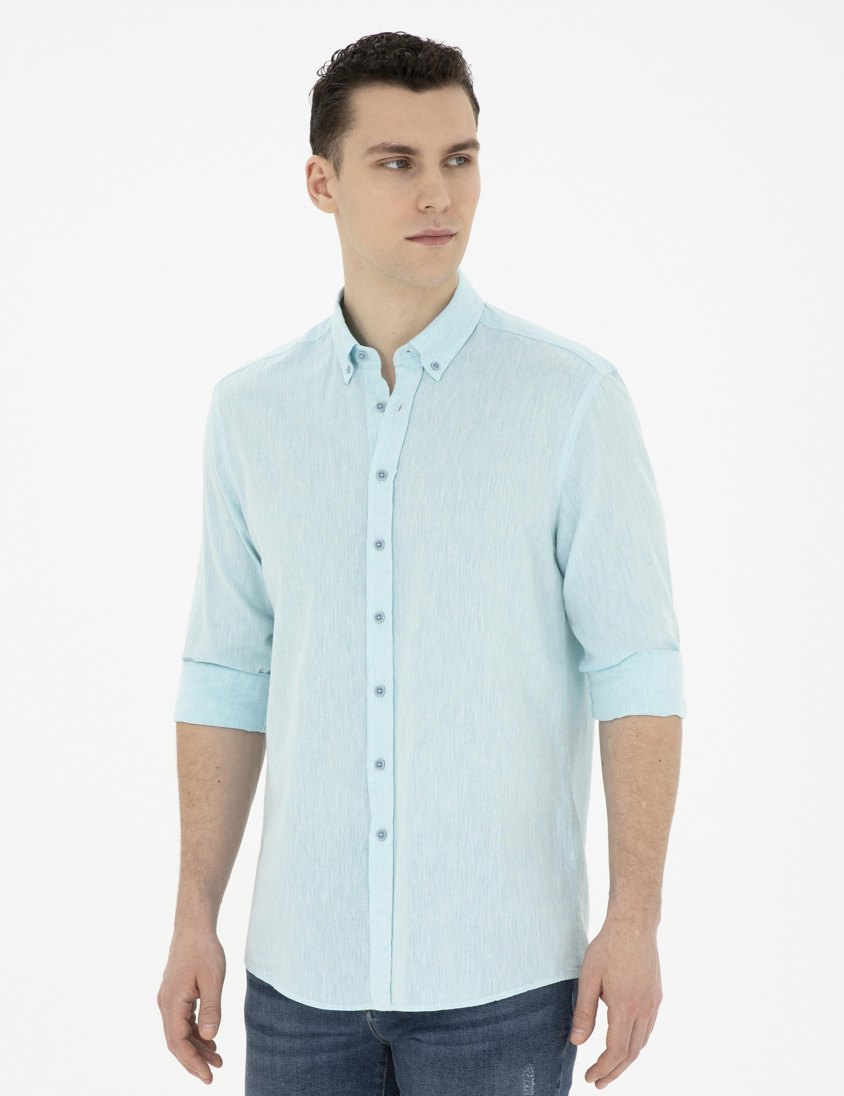 Açık Mavi Keten Karışımlı Regular Fit Uzun Kollu Gömlek