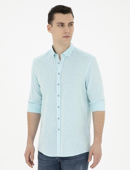 Açık Mavi Keten Karışımlı Regular Fit Uzun Kollu Gömlek - 50284168023