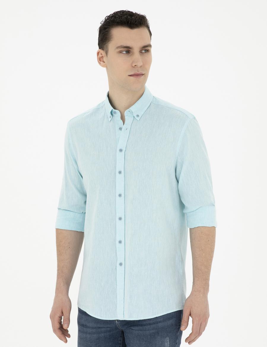 Açık Mavi Keten Karışımlı Regular Fit Uzun Kollu Gömlek