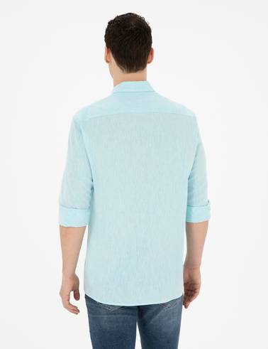 Açık Mavi Keten Karışımlı Regular Fit Uzun Kollu Gömlek