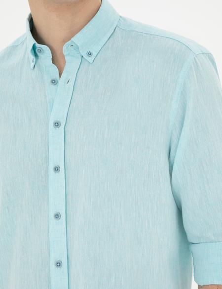 Açık Mavi Keten Karışımlı Regular Fit Uzun Kollu Gömlek - 50284168023