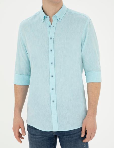 Açık Mavi Keten Karışımlı Regular Fit Uzun Kollu Gömlek - 50284168023