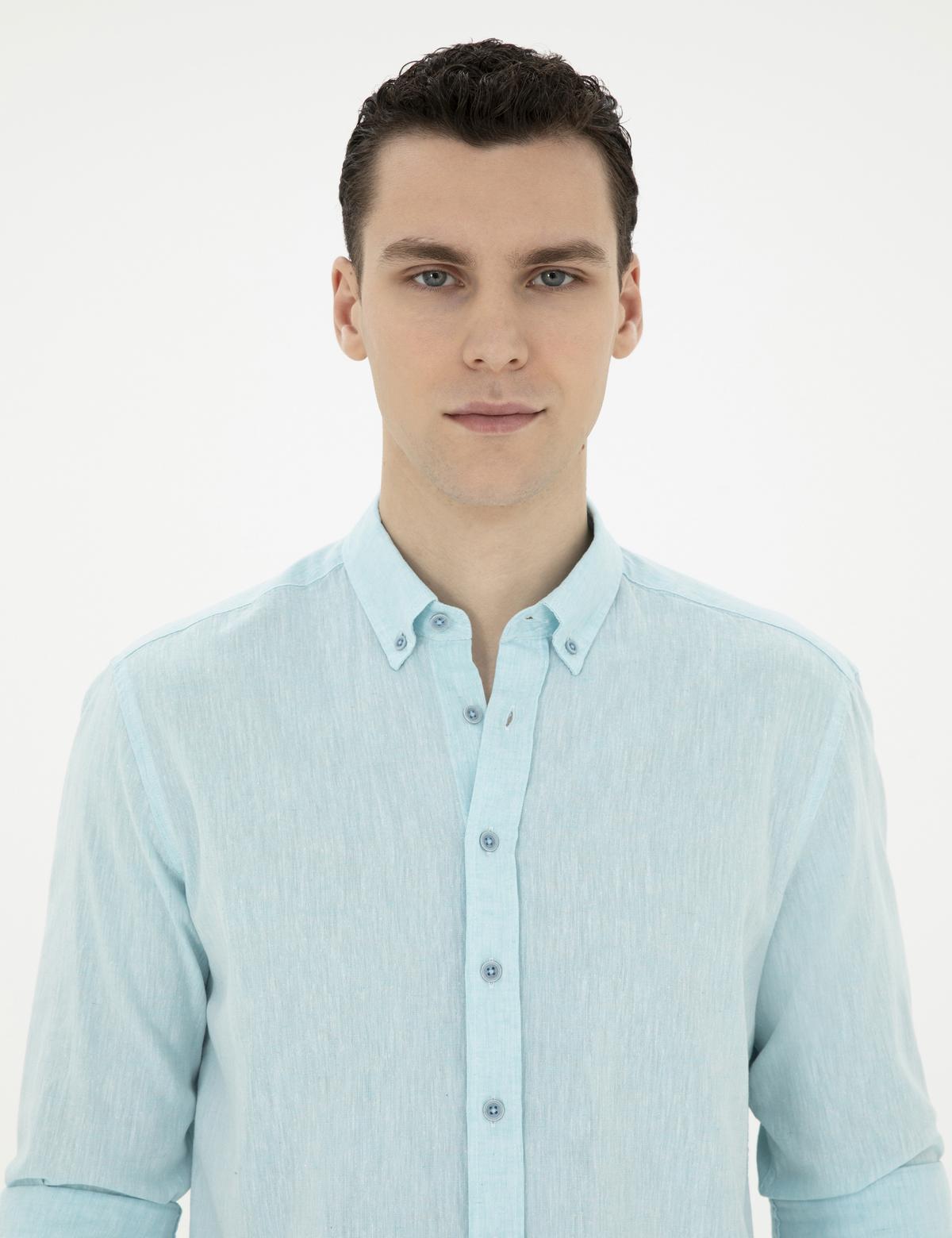 Açık Mavi Keten Karışımlı Regular Fit Uzun Kollu Gömlek - 50284168023