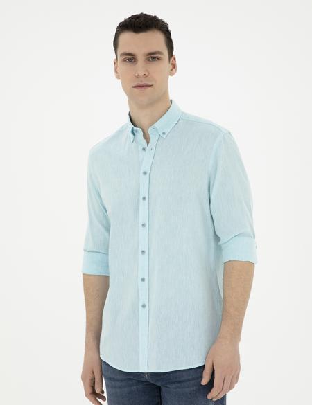 Açık Mavi Keten Karışımlı Regular Fit Uzun Kollu Gömlek - 50284168023