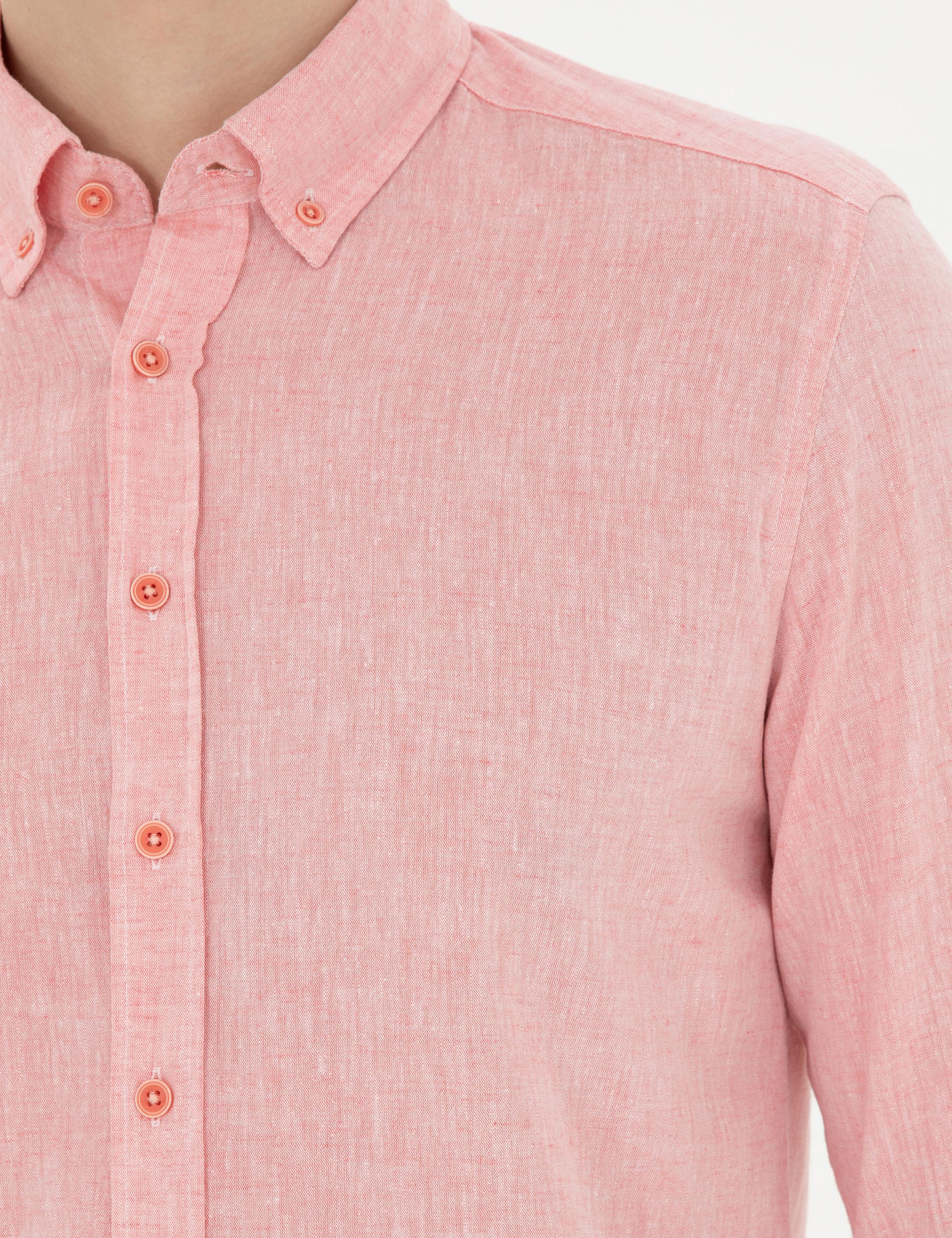 Pembe Keten Karışımlı Regular Fit Uzun Kollu Gömlek