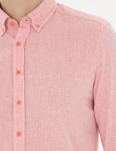 Pembe Keten Karışımlı Regular Fit Uzun Kollu Gömlek