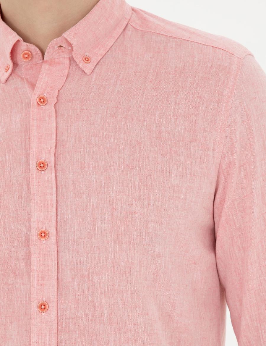 Pembe Keten Karışımlı Regular Fit Uzun Kollu Gömlek