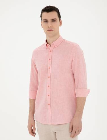 Pembe Keten Karışımlı Regular Fit Uzun Kollu Gömlek