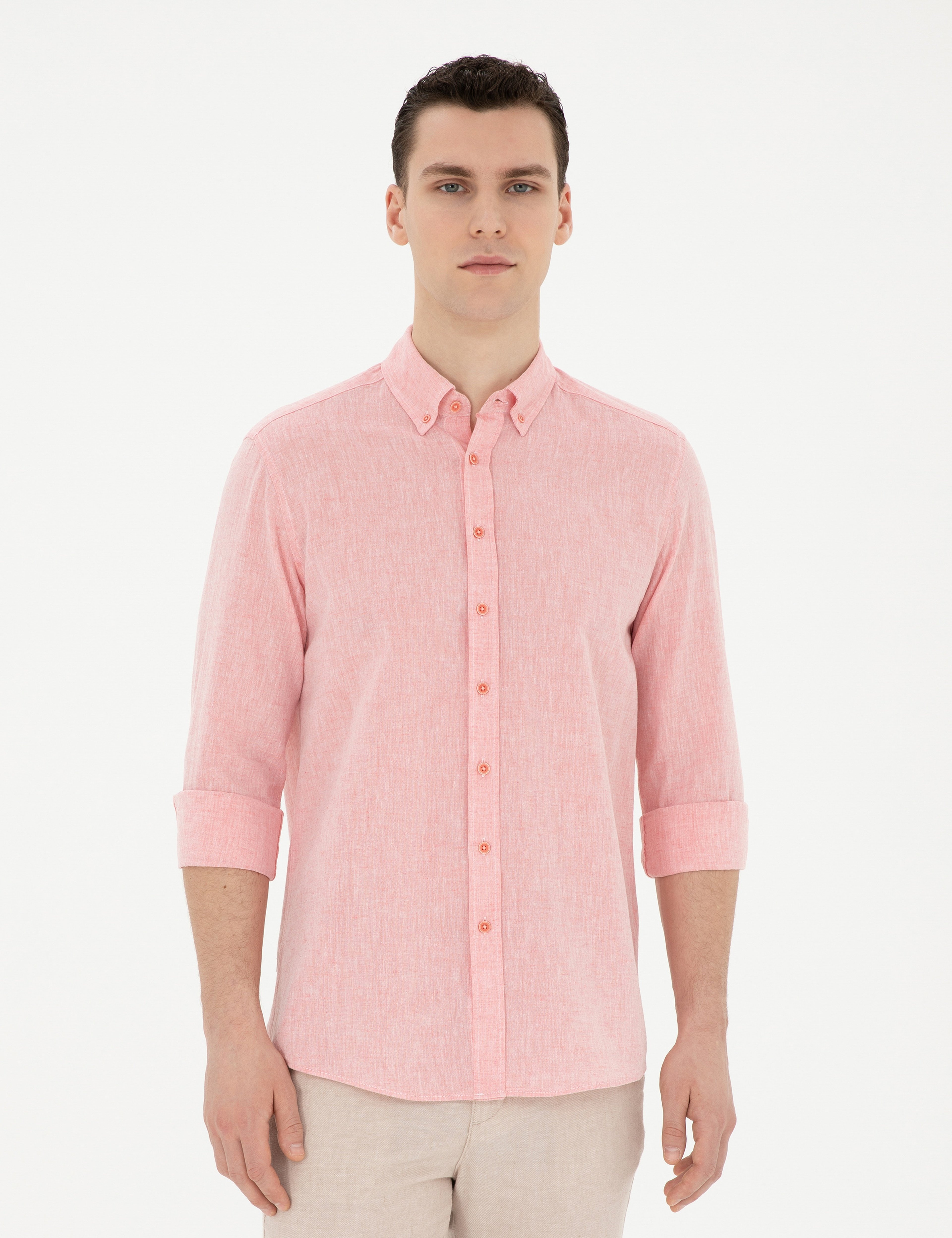 Pembe Keten Karışımlı Regular Fit Uzun Kollu Gömlek - Image 1