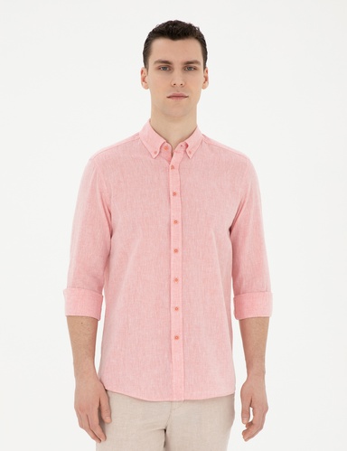Pembe Keten Karışımlı Regular Fit Uzun Kollu Gömlek