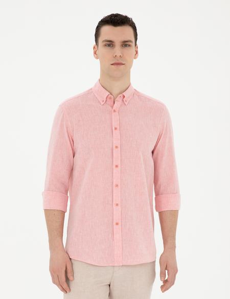 Pembe Keten Karışımlı Regular Fit Uzun Kollu Gömlek - 50284168059