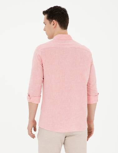 Pembe Keten Karışımlı Regular Fit Uzun Kollu Gömlek