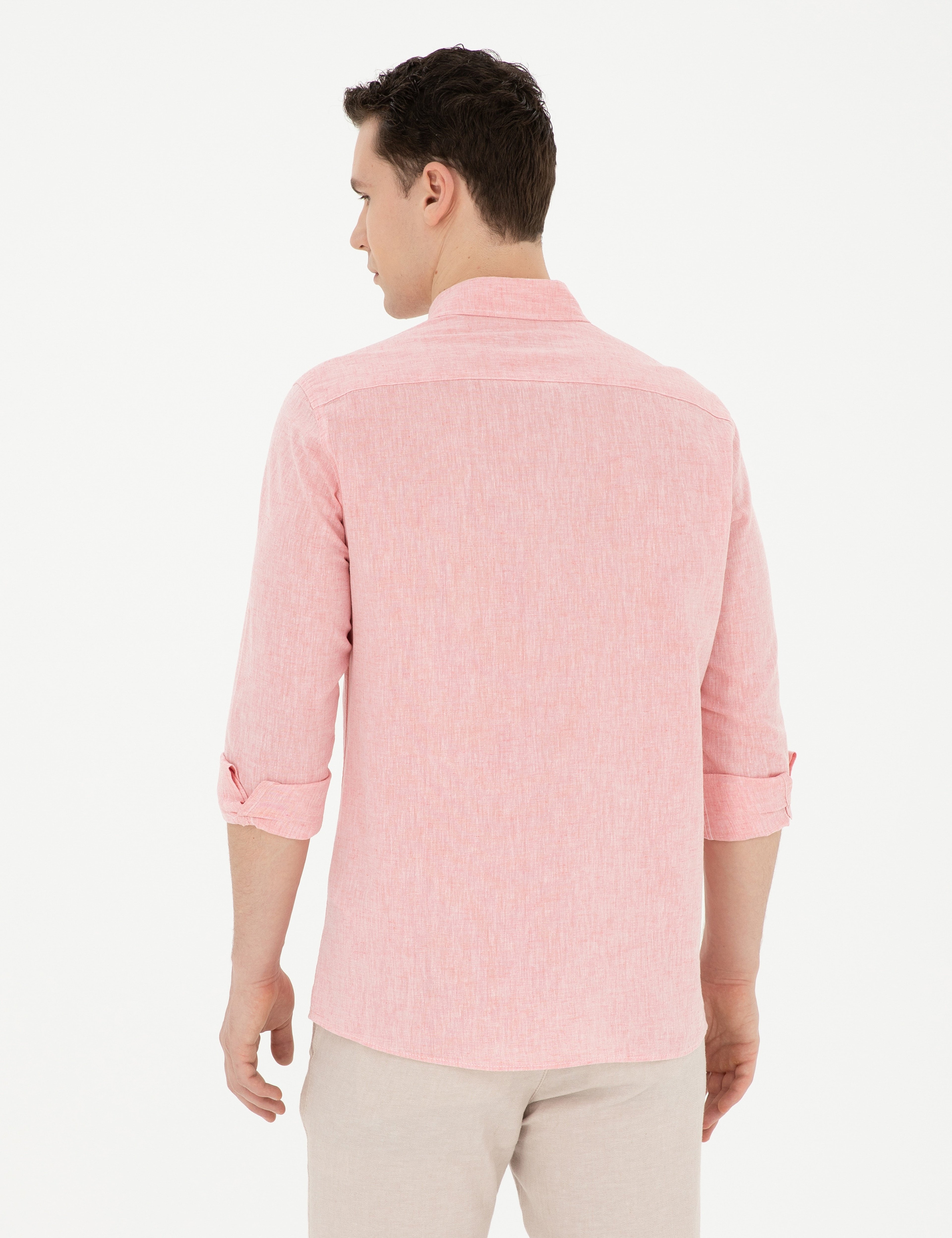 Pembe Keten Karışımlı Regular Fit Uzun Kollu Gömlek - Image 5