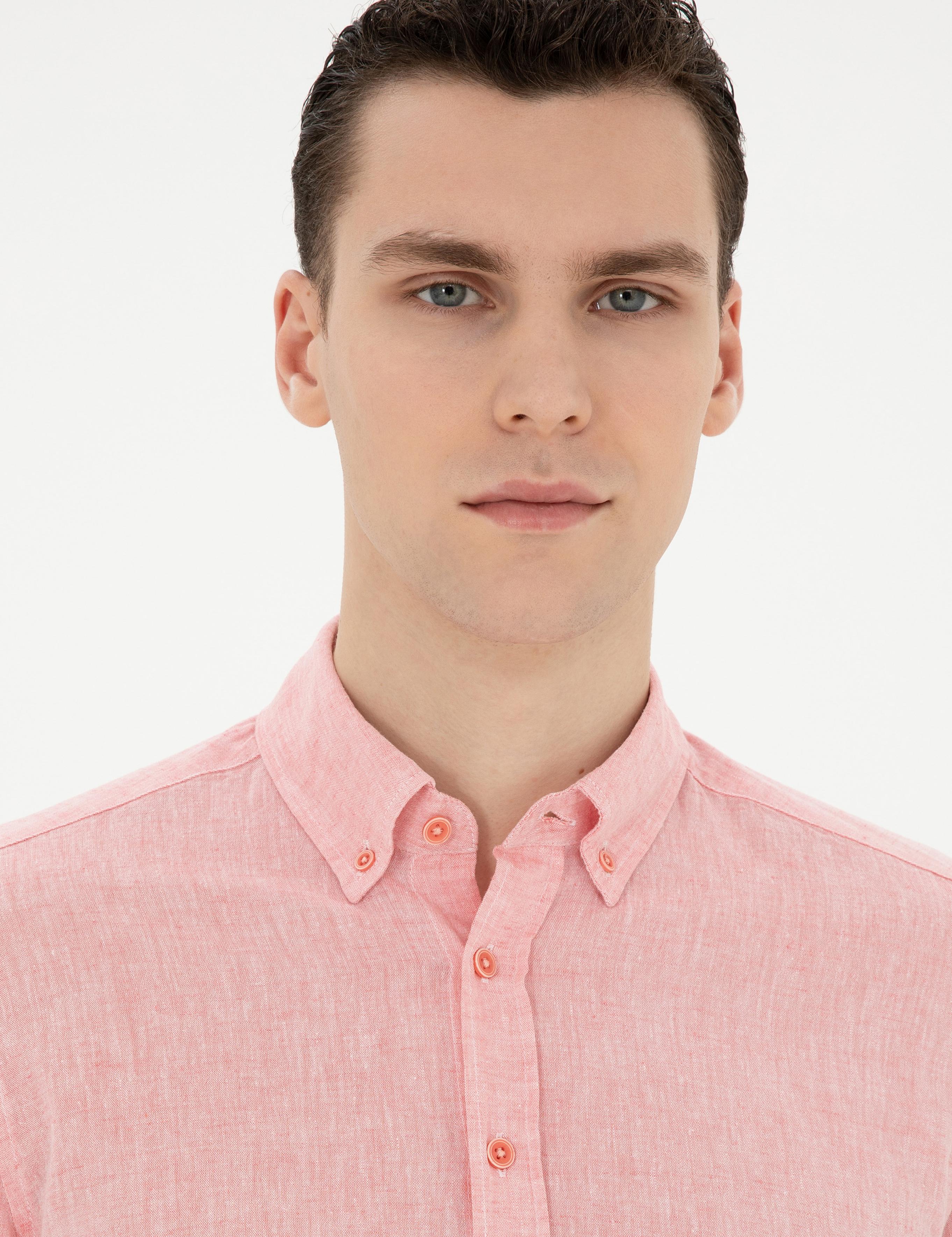 Pembe Keten Karışımlı Regular Fit Uzun Kollu Gömlek