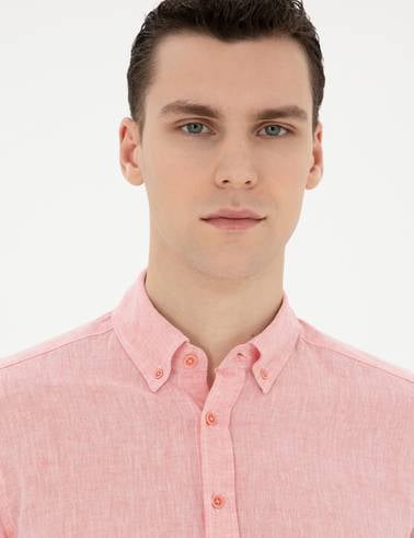 Pembe Keten Karışımlı Regular Fit Uzun Kollu Gömlek