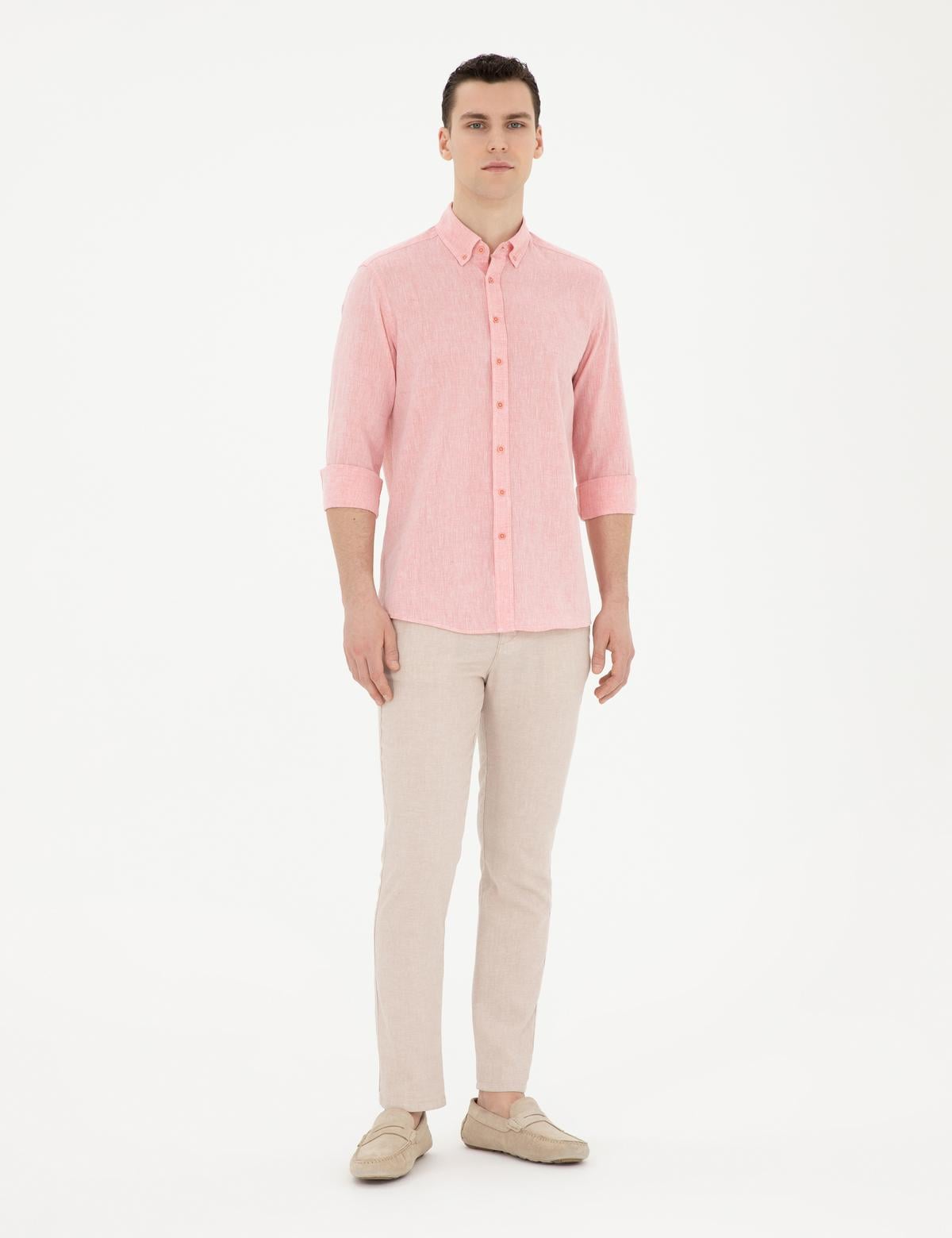Pembe Keten Karışımlı Regular Fit Uzun Kollu Gömlek - 50284168059
