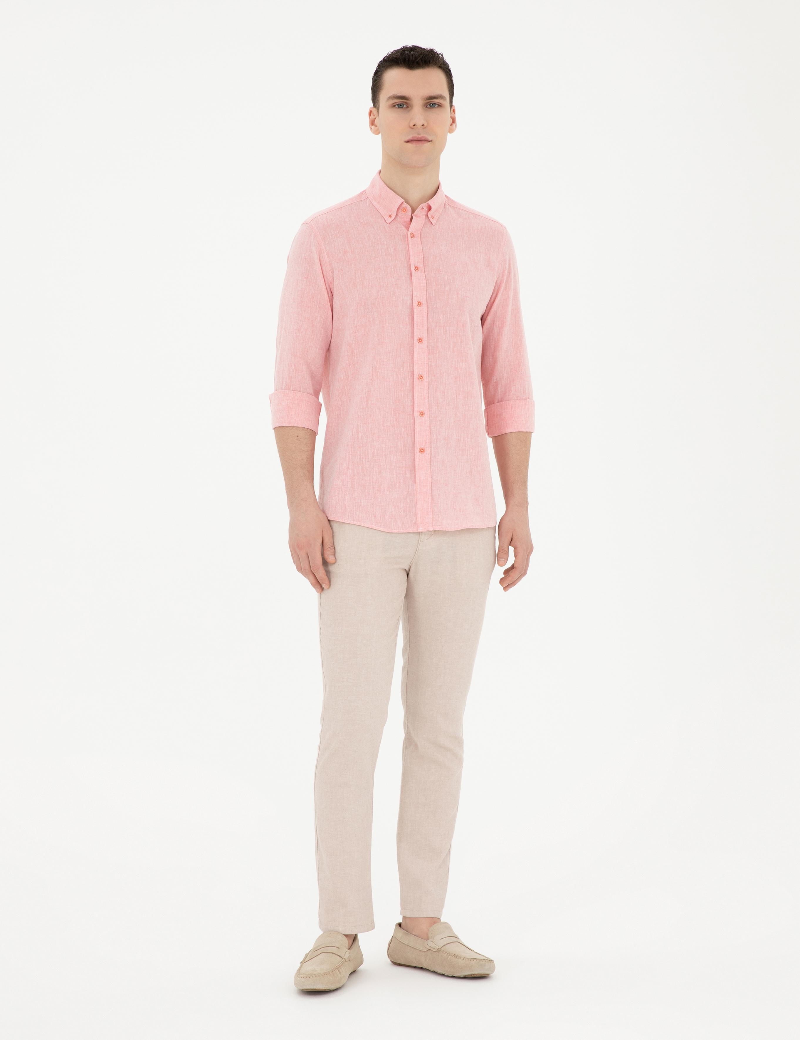 Pembe Keten Karışımlı Regular Fit Uzun Kollu Gömlek