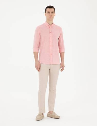 Pembe Keten Karışımlı Regular Fit Uzun Kollu Gömlek
