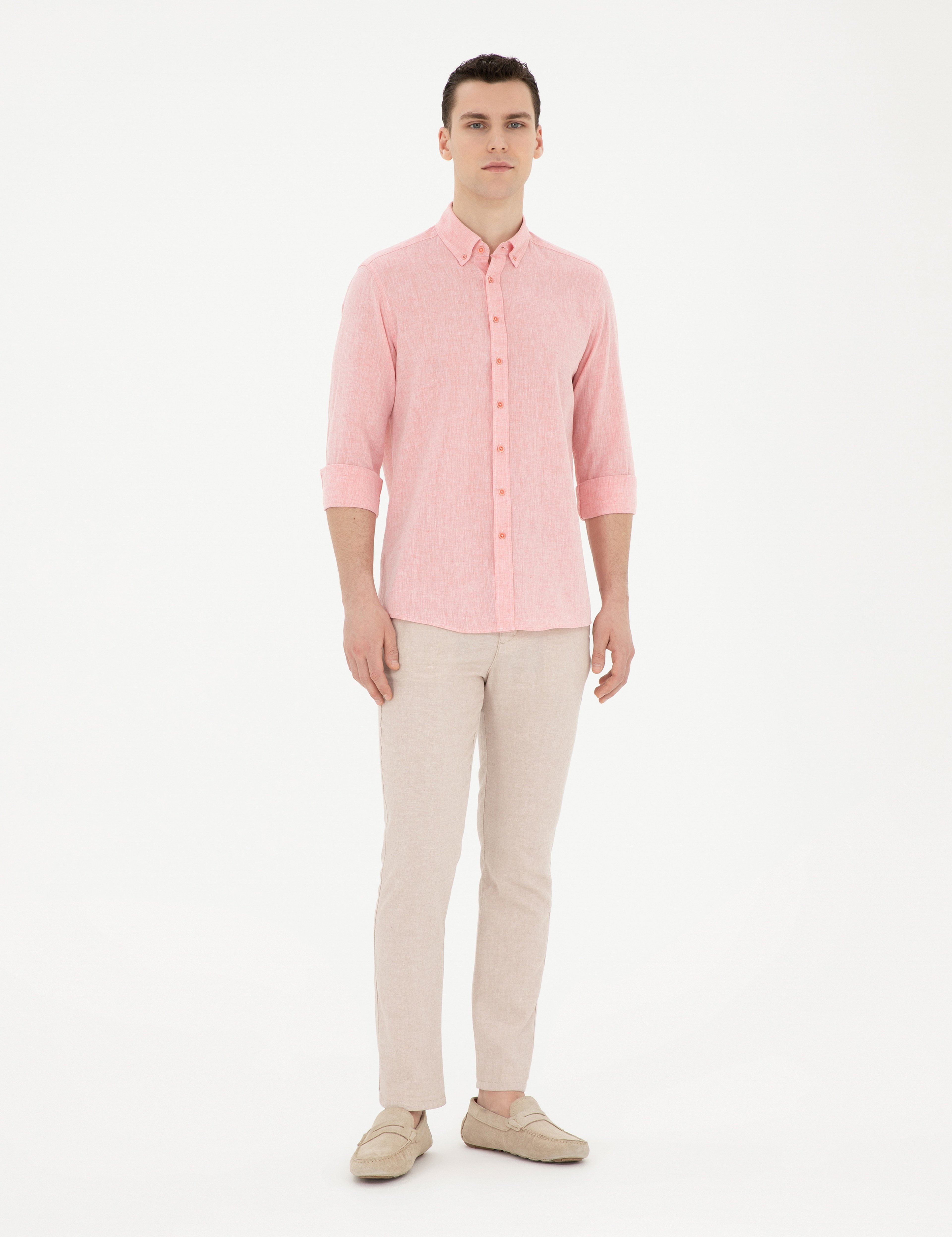 Pembe Keten Karışımlı Regular Fit Uzun Kollu Gömlek - Image 4