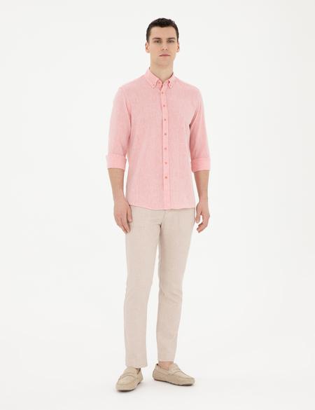 Pembe Keten Karışımlı Regular Fit Uzun Kollu Gömlek - 50284168059