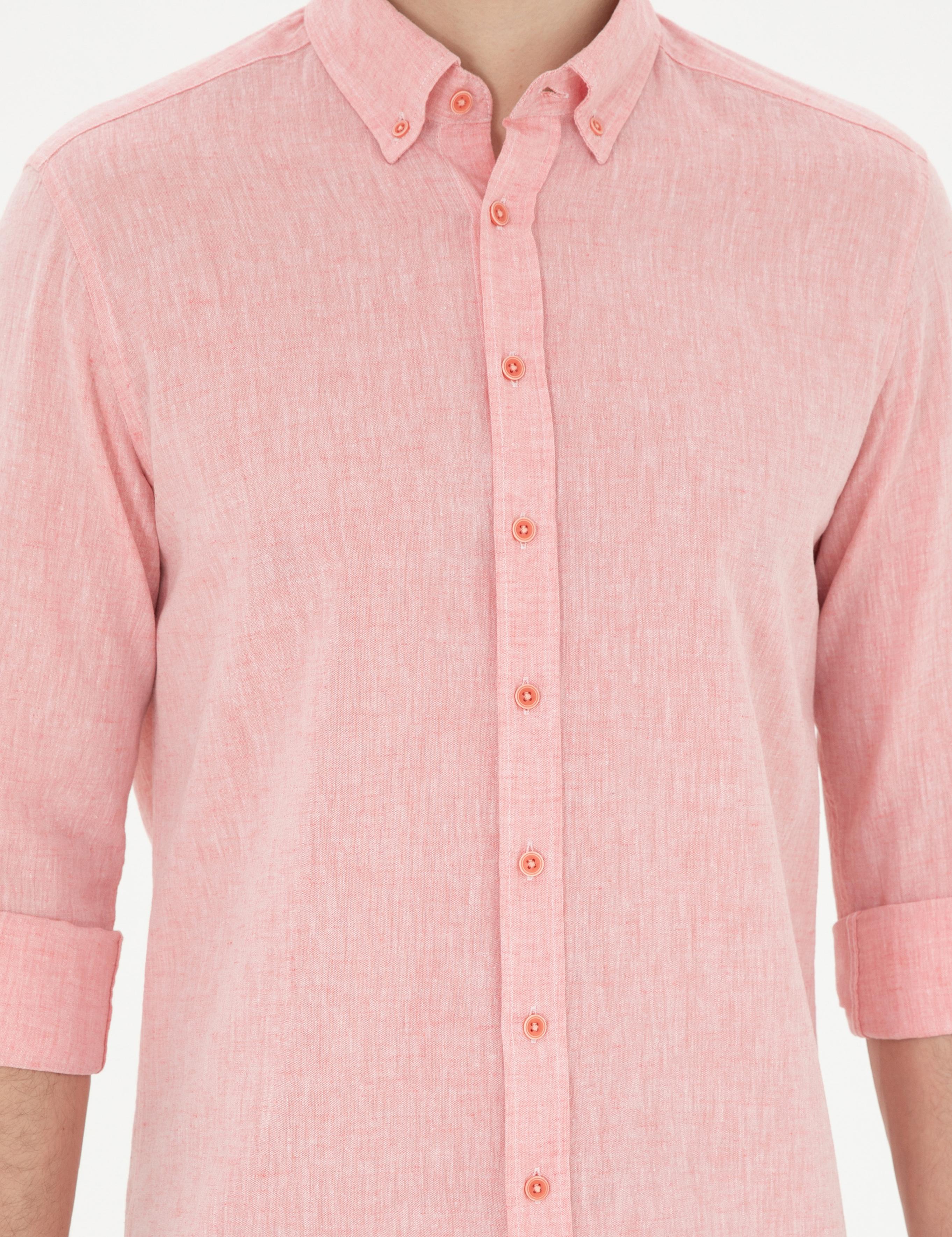 Pembe Keten Karışımlı Regular Fit Uzun Kollu Gömlek