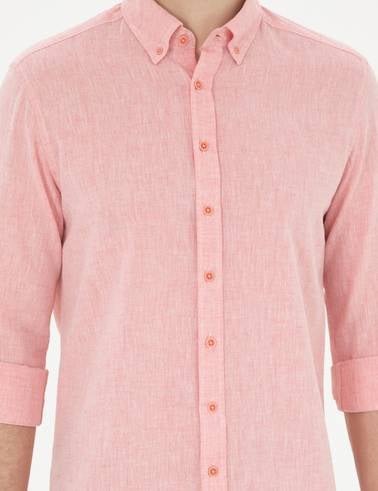 Pembe Keten Karışımlı Regular Fit Uzun Kollu Gömlek