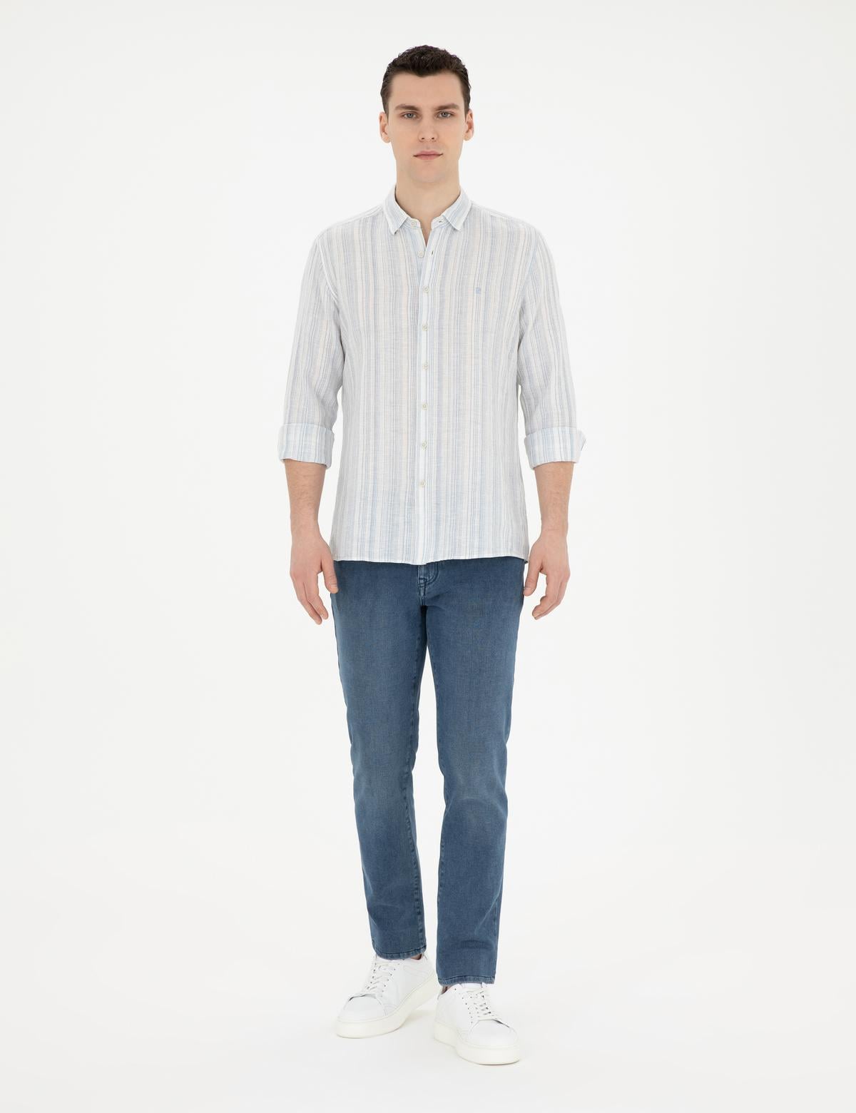 Açık Mavi Keten Karışımlı Regular Fit Uzun Kollu Gömlek - 50284591008