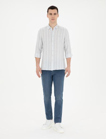 Açık Mavi Keten Karışımlı Regular Fit Uzun Kollu Gömlek - 50284591008