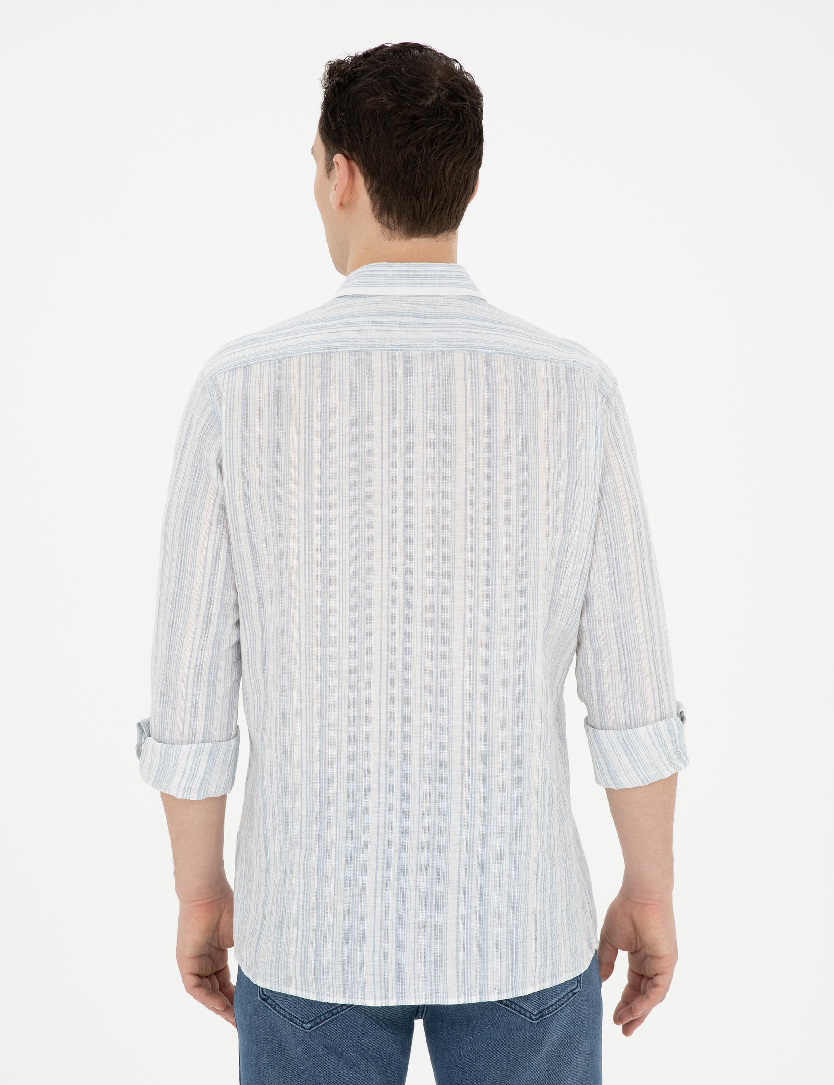 Açık Mavi Keten Karışımlı Regular Fit Uzun Kollu Gömlek