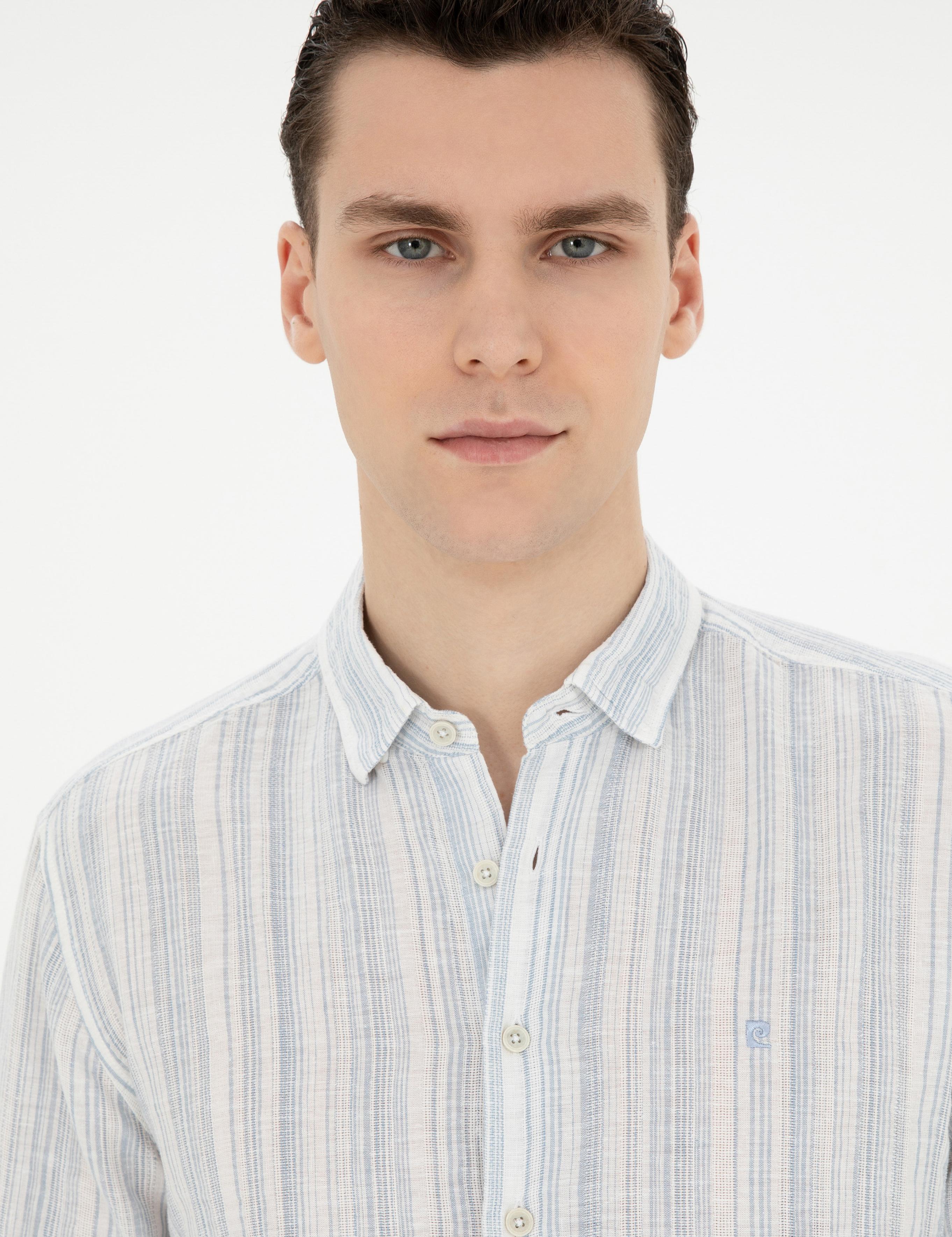 Açık Mavi Keten Karışımlı Regular Fit Uzun Kollu Gömlek