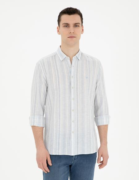 Açık Mavi Keten Karışımlı Regular Fit Uzun Kollu Gömlek - 50284591008