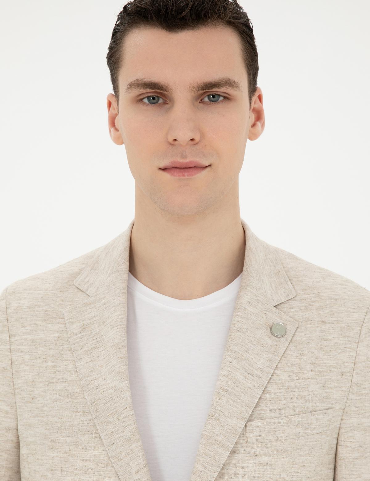 Bej Slim Fit Keten Karışımlı Çizgili Takım Elbise - 50286097005