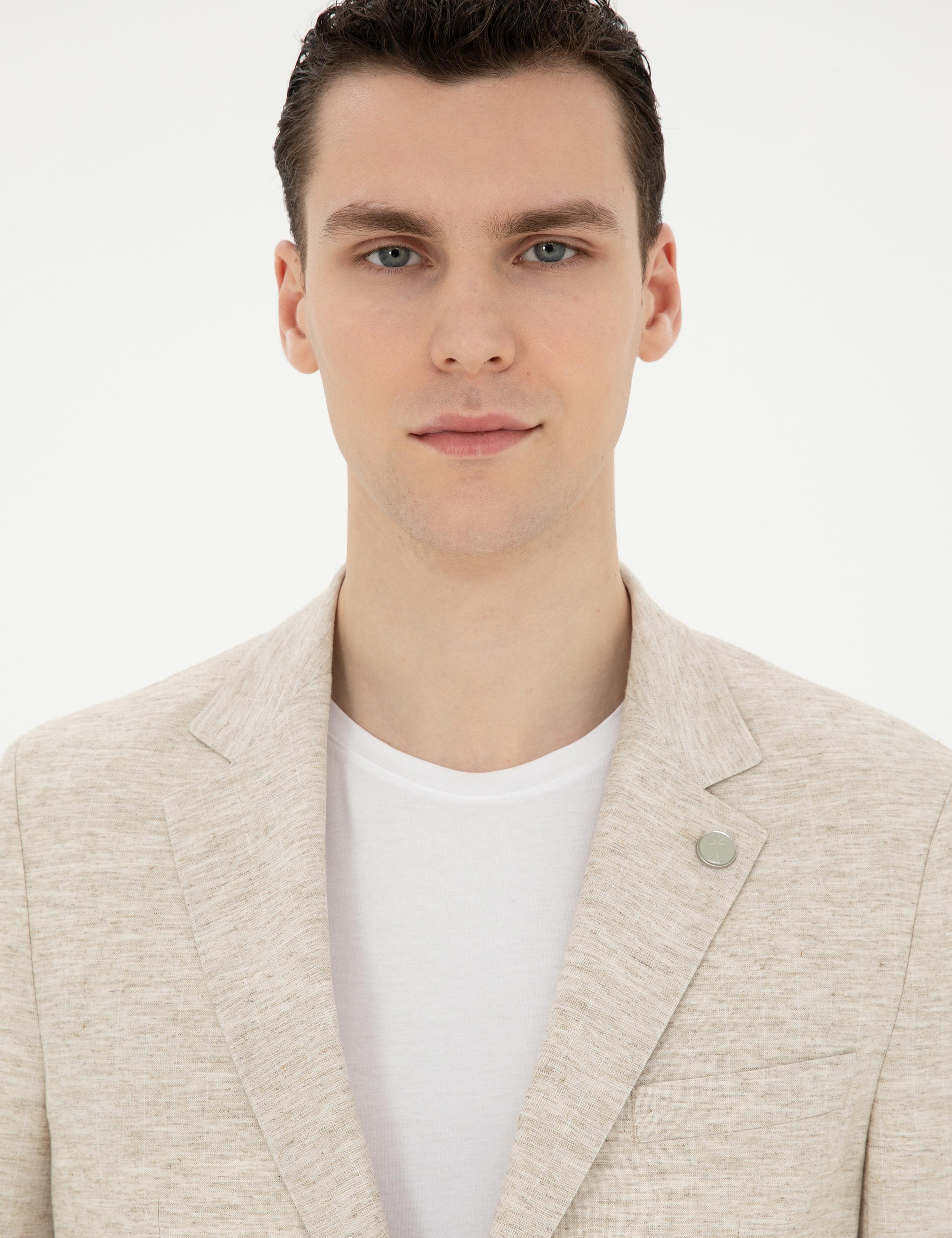 Bej Slim Fit Keten Karışımlı Çizgili Takım Elbise