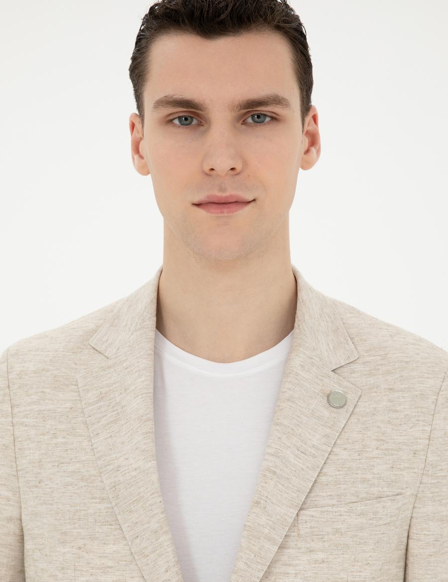 Bej Slim Fit Keten Karışımlı Çizgili Takım Elbise