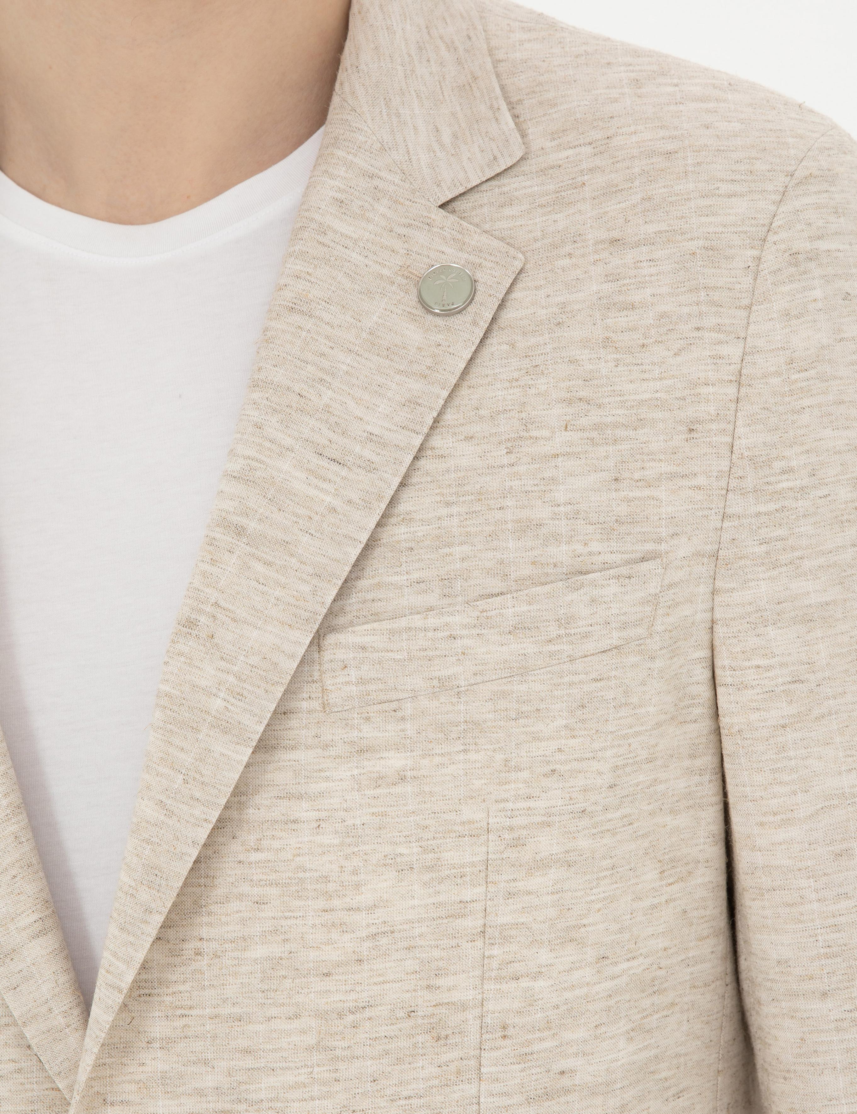 Bej Slim Fit Keten Karışımlı Çizgili Takım Elbise